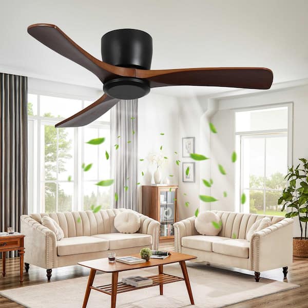 42 in. Indoor Black Flush Mount Standard Ceiling Fan without Light with Solid Wood Blades, DC Motor and Remote Included