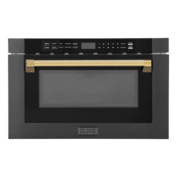ZLINE Kitchen and Bath Autograph Edition 24 in. 1000-Watt Built-In Microwave Drawer in Black Stainless Steel & Traditional Polished Gold Handle