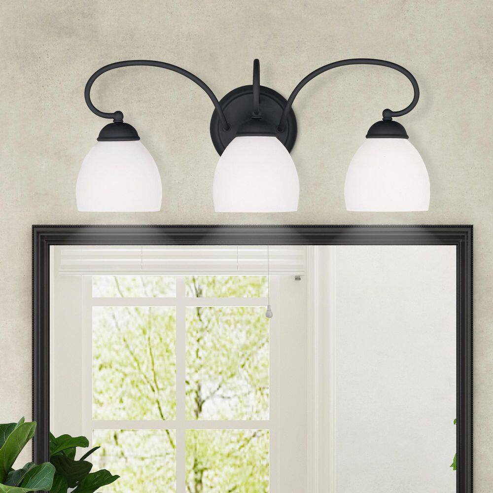 Brookside Transitional 3-Light Vanity in Black with Satin Opal White Glass