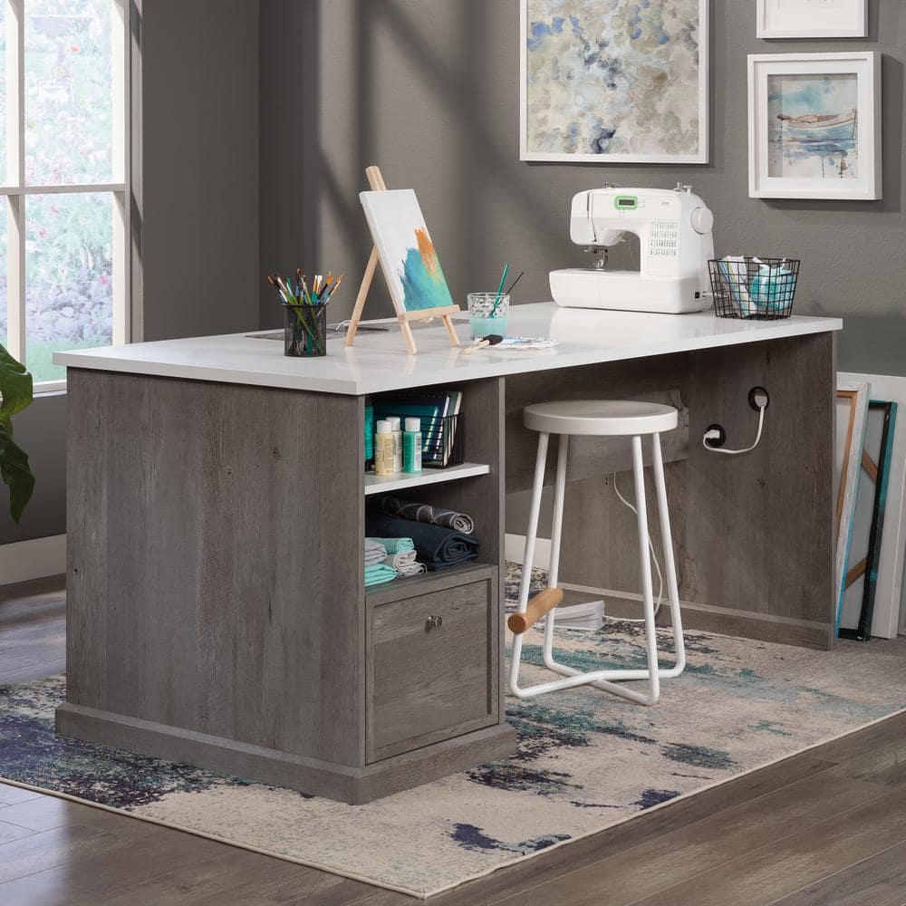 Mystic Oak and White Craft Table with Drawer and Power Outlet