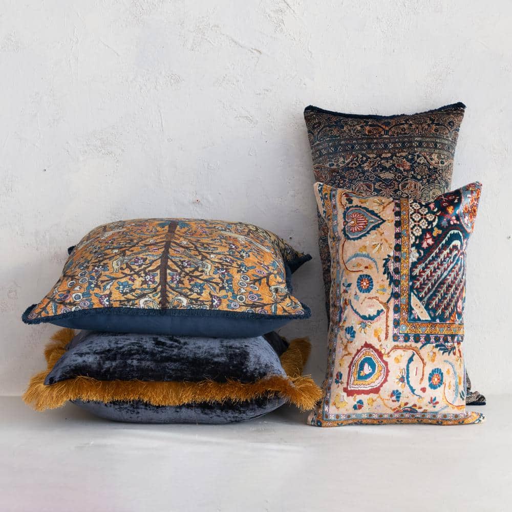 Vintage Multicolor Velvet Square Throw Pillow with Fringe