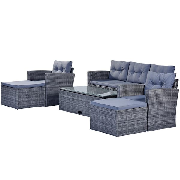 DIRECT WICKER Florence Gray 6-Piece Wicker Patio Conversation Sectional Seating Set with Gray Cushions