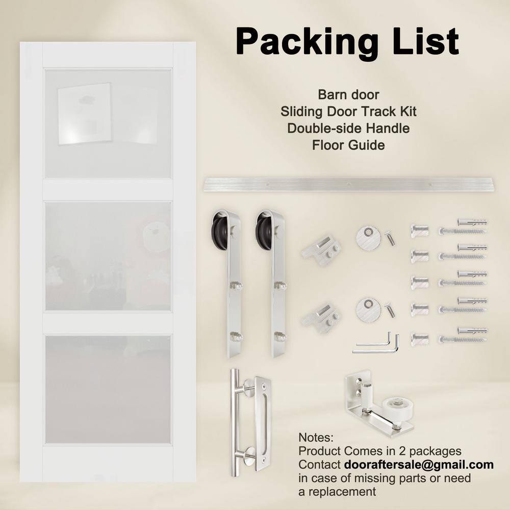 36" x 80" White Primed MDF Barn Door with Frosted Glass and Nickel Hardware