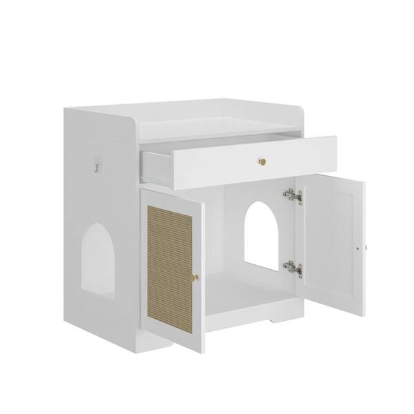 FUFU&GAGA Modern Litter Box Enclosure Storage Cabinet With Drawer, Wooden Hidden Cat Washroom With Sisal Door And 2 Holes Y THD 180194 01   The Home Depot