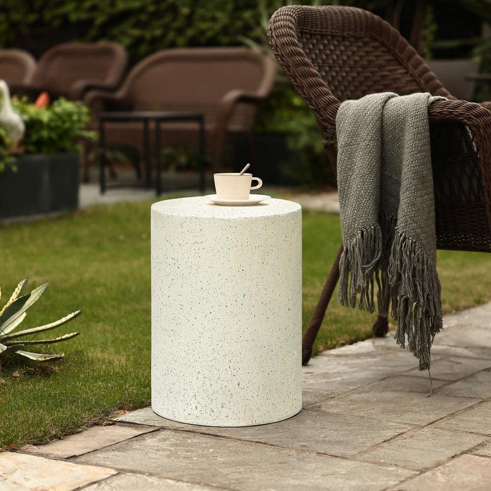 Off-White and Gray Speckled Cement Round Patio Side Table