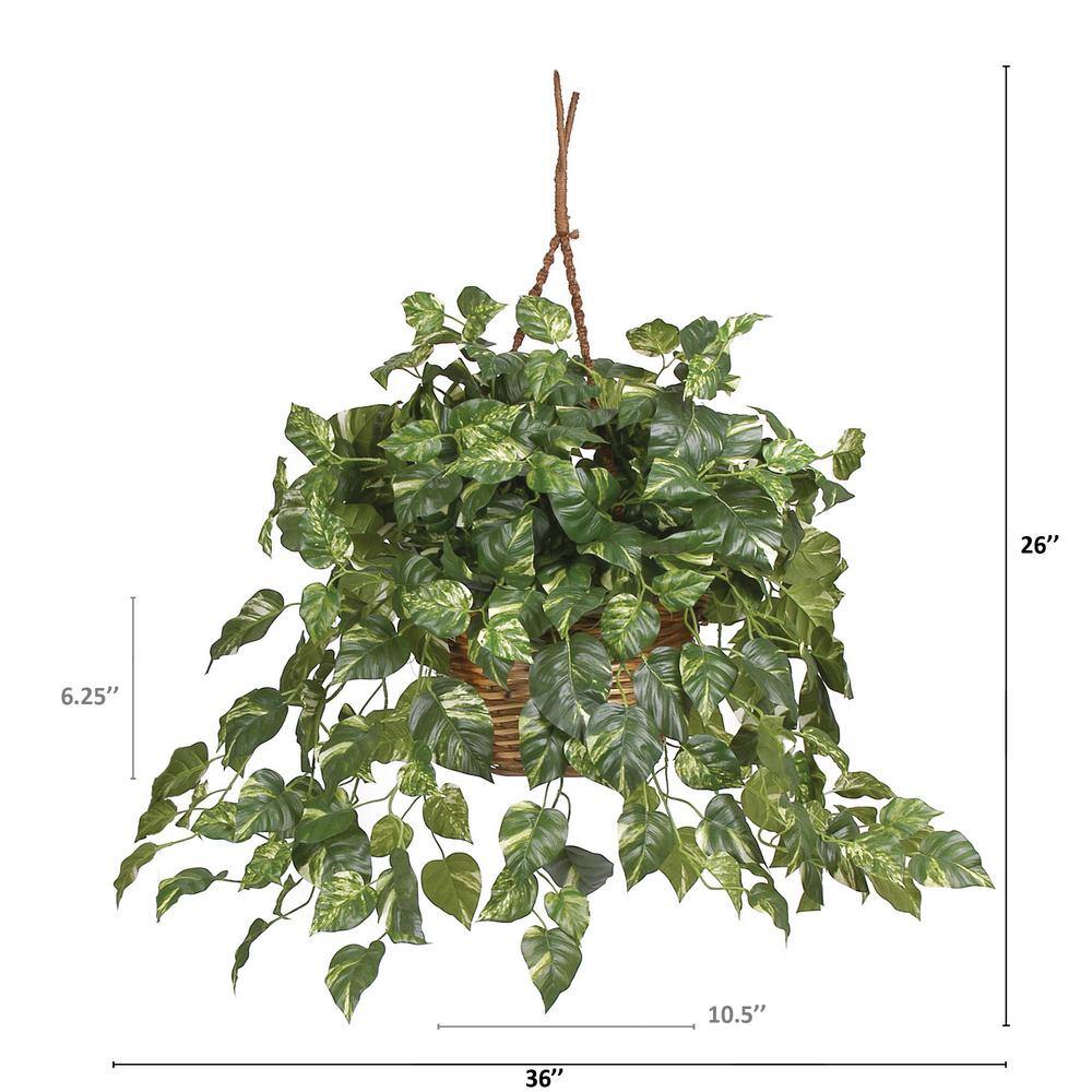 Lifelike Pothos Hanging Basket with Silk Leaves