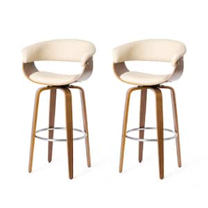 40.5 in. H Mid-Century Modern Cream PU Leather/Walnut bentwood Swivel Chair Bar Stool (Set of 2)