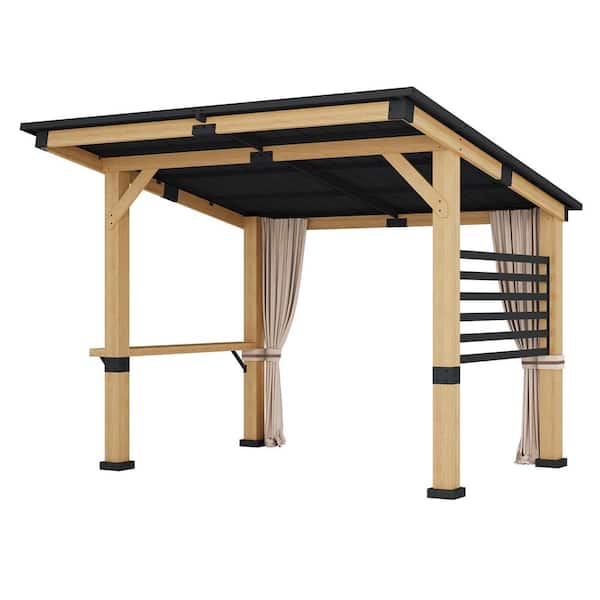 11 ft. x 10 ft. Solid Cedar Wood Outdoor Patio Gazebo with Black Galvanized Steel Roof and Privacy Curtain
