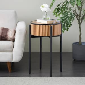 18 in. Brown Handmade Slatted Round Manufactured Wood Coffee Table with Black Legs