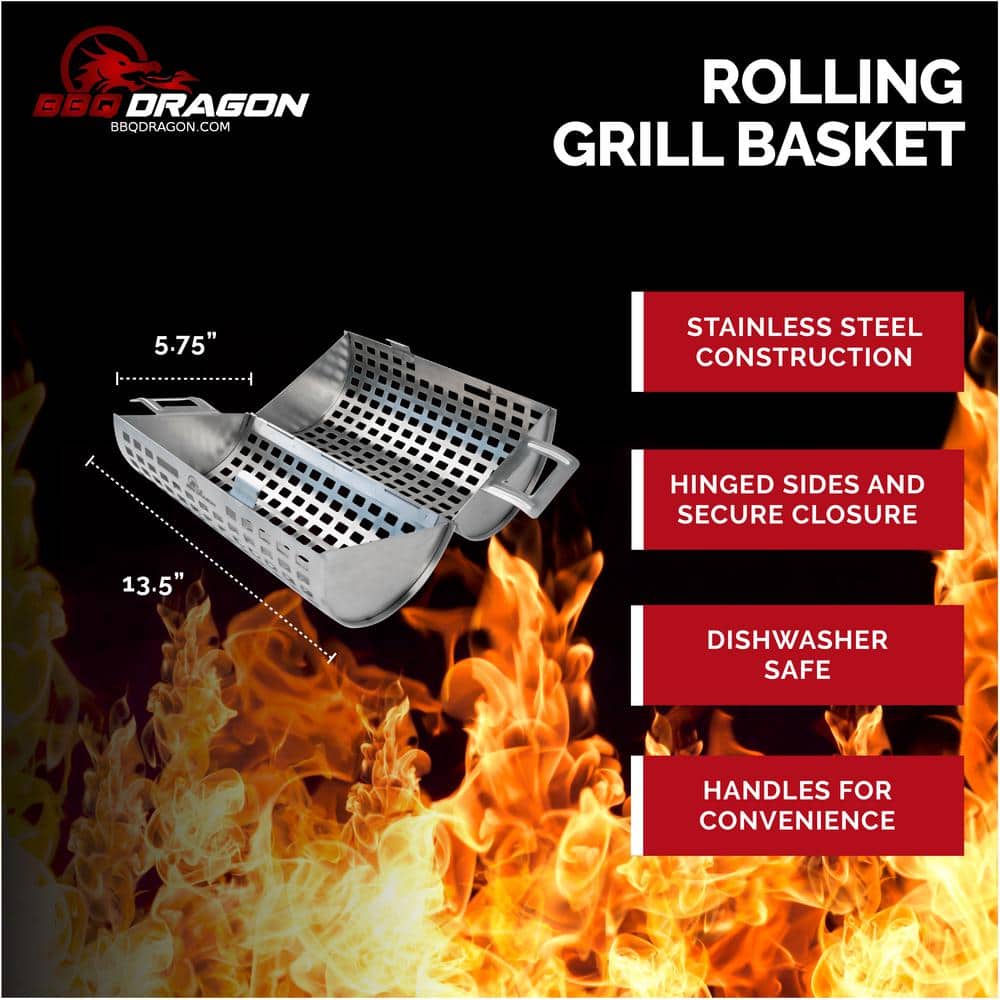 Large Stainless Steel Rolling Grill Basket with Snap-Close Lid