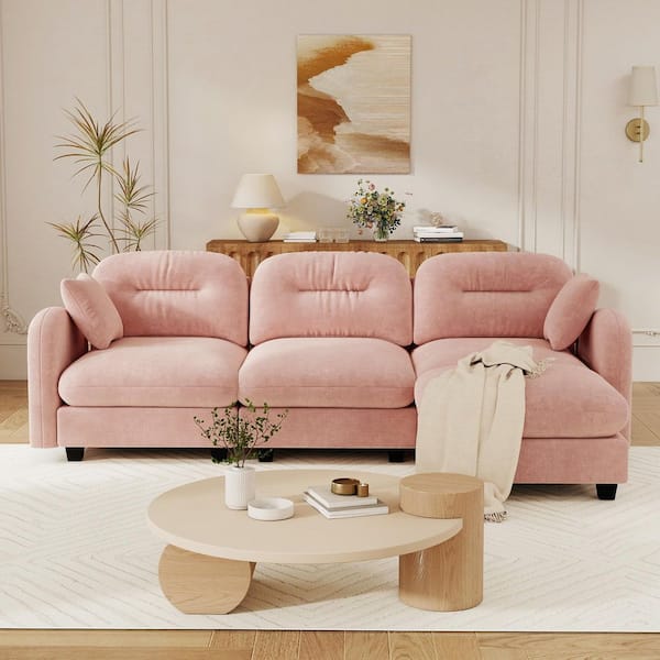 Sapphire 107 in. Chenille Upholstered Cloud Rectangle Sectional Sofa in Pink with Ottoman, 2-Pillows