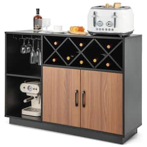 Black and Brown Wooden 45.5 in. Industrial Wine Bar Cabinet Sideboard Buffet with Glass Holder and Adjustable Shelf