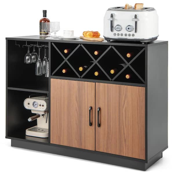 Costway Black and Brown Wooden 45.5 in. Industrial Wine Bar Cabinet Sideboard Buffet with Glass Holder and Adjustable Shelf