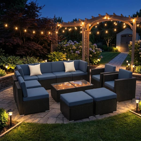 12-Piece Black Wicker Outdoor Patio L-shaped Sectional Sofa Set with Blue Thick Cushions and Ottomans for Patio Garden