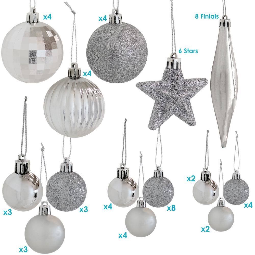 Silver Shatterproof Plastic Christmas Ornament Set, 59 Pieces