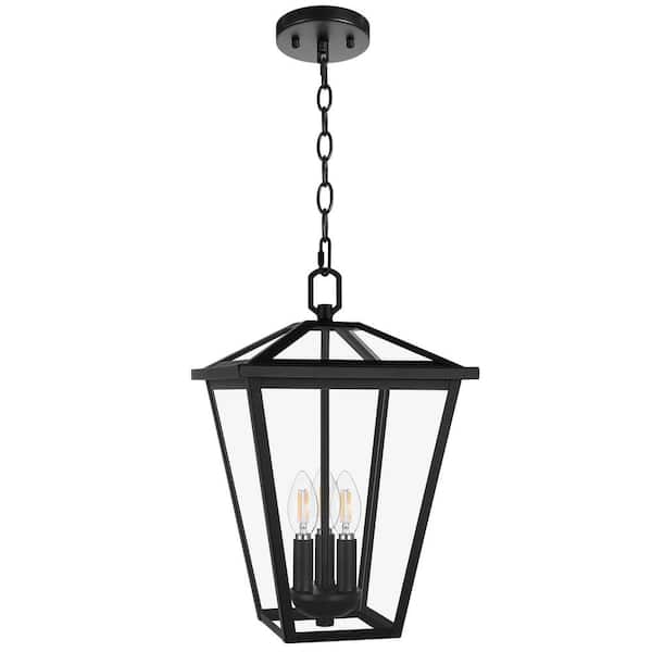LamQee 16 in. 3-Light Black Outdoor Pendant Light Fixture with Clear Beveled Glass