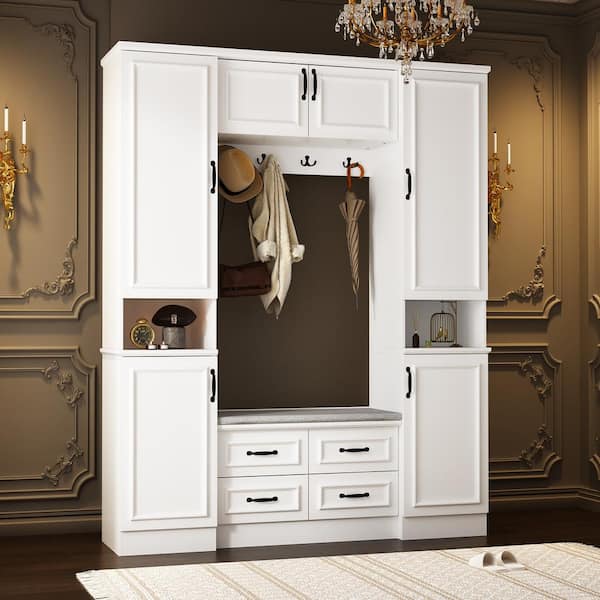 FUFU&GAGA 63 in. W White Wood 3-in-1 Hall Tree Shoe Storage Bench