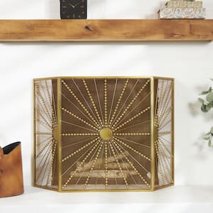 Gold Metal Starburst Foldable 3-Panel Fireplace Screen with Bead Inspired Rays