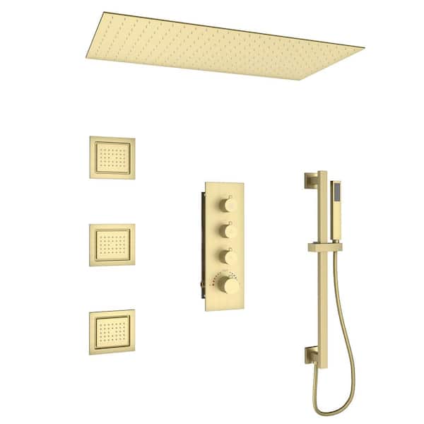 Thermostatic Rain 3-Spray Ceiling Mount Dual Fixed and Handheld Shower Head w/ 3-Body Jets and Slide Bar in Brushed Gold