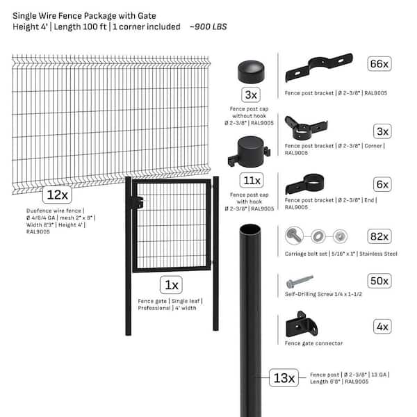 Single-Wire 100 ft. x 4 ft. Steel Flat Top Spaced Black Fence Panel Package with Gate (12-Pack)