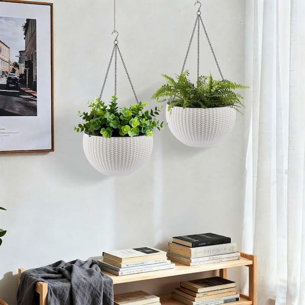 White Resin Hanging Basket, Hanging Planters for Indoor Outdoor Plants, Hanging Flower Pots with Self Watering, 2-Pack AAP383065