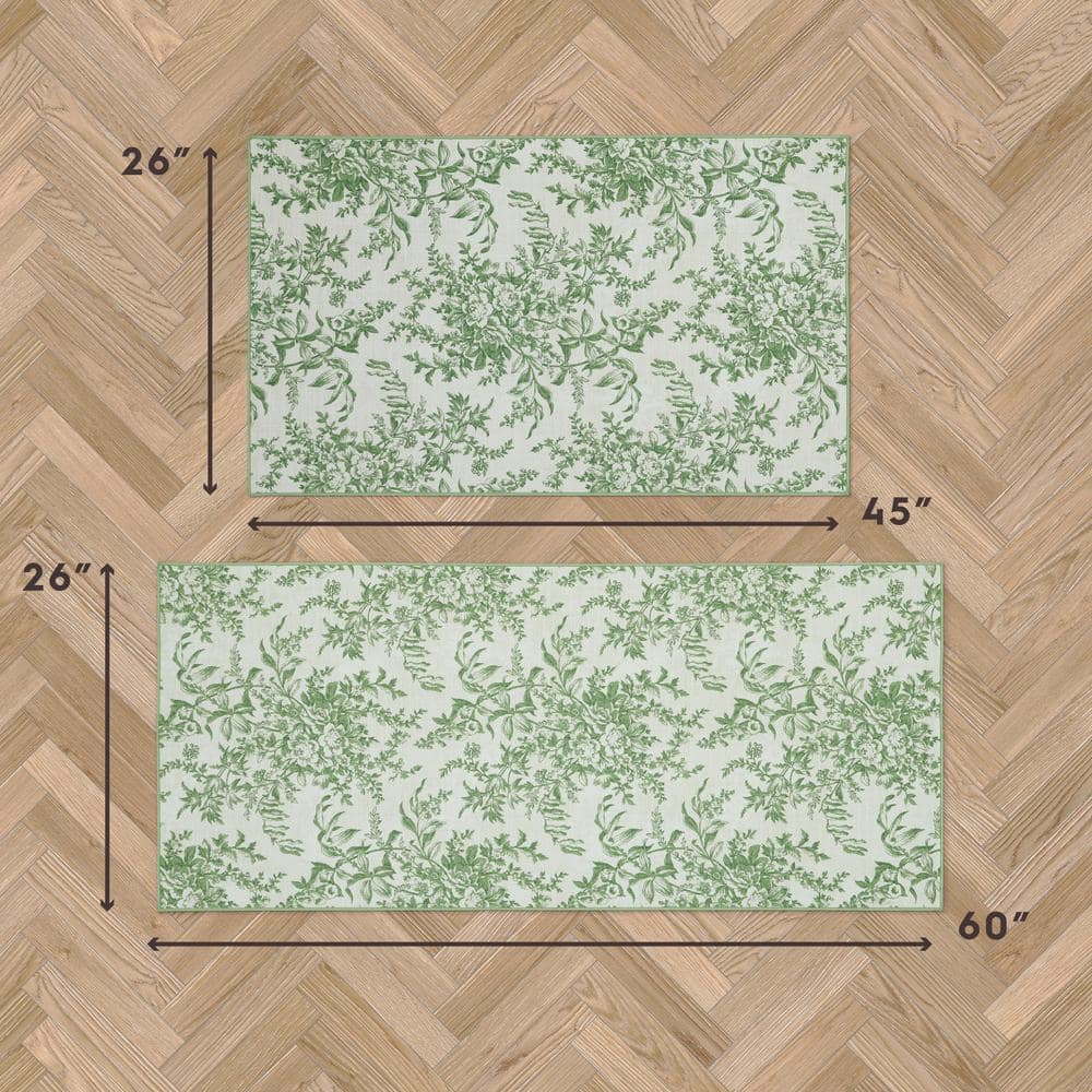 Sage Green and Ivory Floral Chenille Washable Runner Rug Set