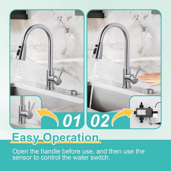 Single Handle Pull Down Sprayer Kitchen Faucet with 3-Mode Spray and Mobile Motion Sensor in Brushed Nickel