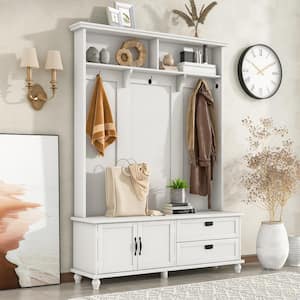 White Modern Hall Tree Storage Cabinet Widen Mudroom Bench with 5-Coat Hooks and 2-Large Drawers for Entrance Hallway