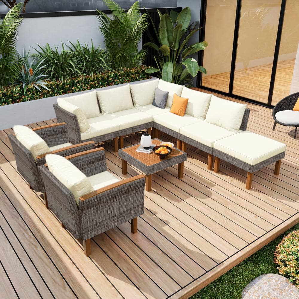 9-Piece Wicker Outdoor Sectional Set with Acacia Wood Legs and Tabletop, Be