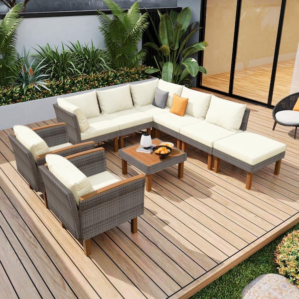 Unbranded 9-Piece Wicker Outdoor Sectional Set with Acacia Wood Legs and Tabletop, Beige Cushions