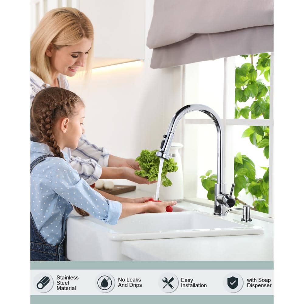 Polished Chrome Stainless Steel Pull-Down Kitchen Faucet with Soap Dispenser