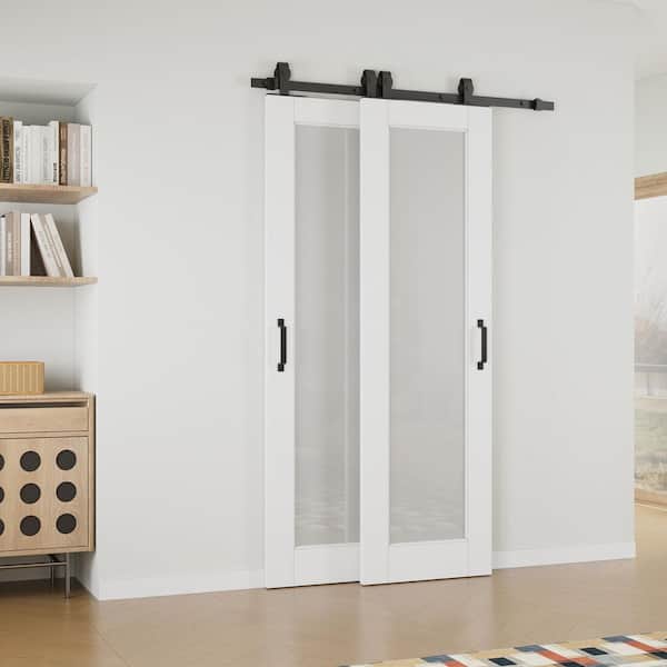 44 in. x 80 in. (Double 26 in.) 1-Lite Frosted Glass White Primed MDF Sliding Barn Door with Hardware Kit Bypass