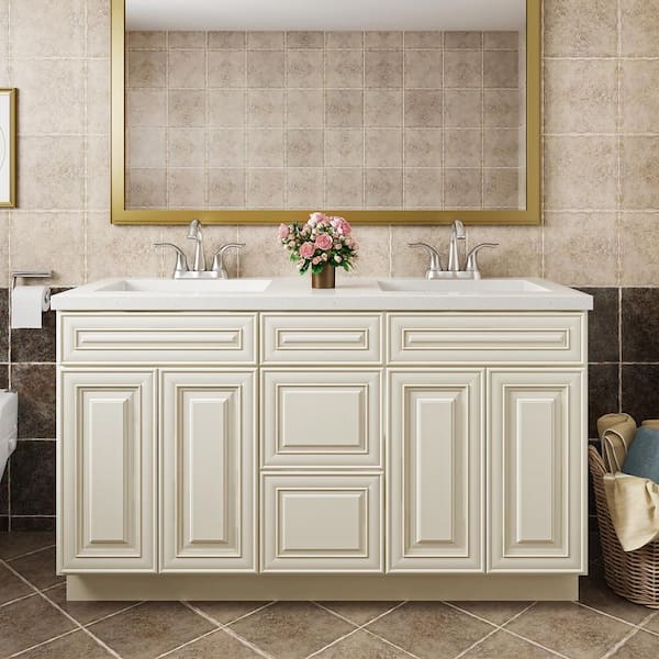 Hausvita 60 in. W x 21 in. D x 34.5 in. H in Cameo White Plywood Ready to Assemble Floor Vanity Sink Base Kitchen Cabinet