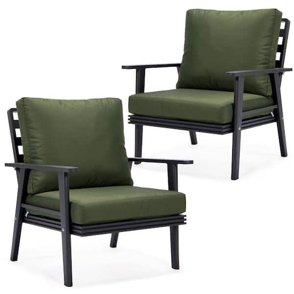 Leisuremod Walbrooke Modern Black Aluminum Outdoor Arm Chair with Powder Coated Frame and Removable Cushions in. Green (Set of 2)