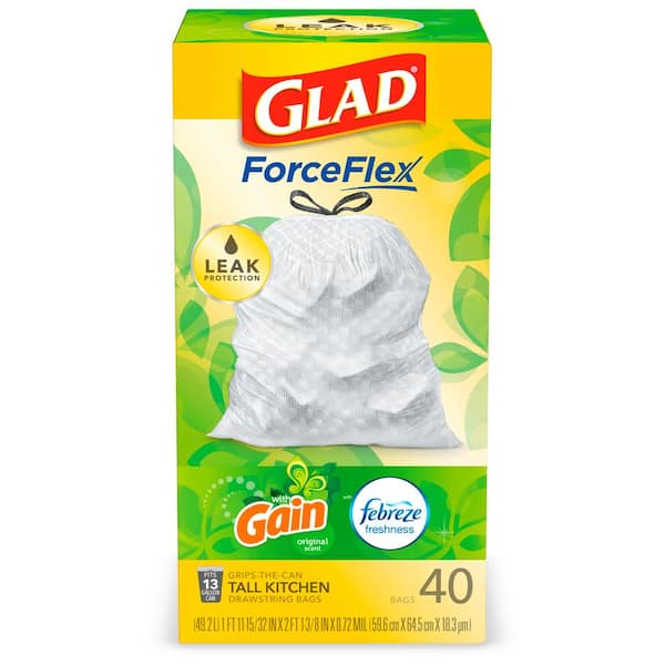Glad Forceflex 13 Gal Tall Kitchen Drawstring Gain Original With Febreze Freshness Trash Bags 40 Count 1258778685 The Home Depot