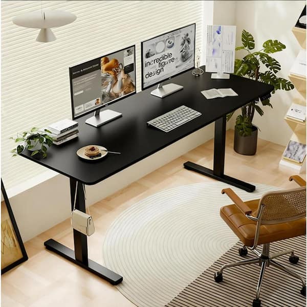 Lioba 55.1 in. Black Electric Adjustable Height Standing Desk with Wood Tabletop, Metal Legs, Double Beam