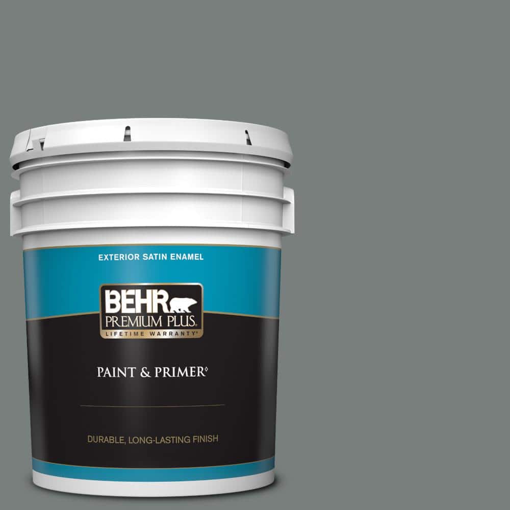 BEHR PREMIUM PLUS 5 gal. PPU2518 Shutter Gray Satin Enamel Exterior Paint & Primer 934005