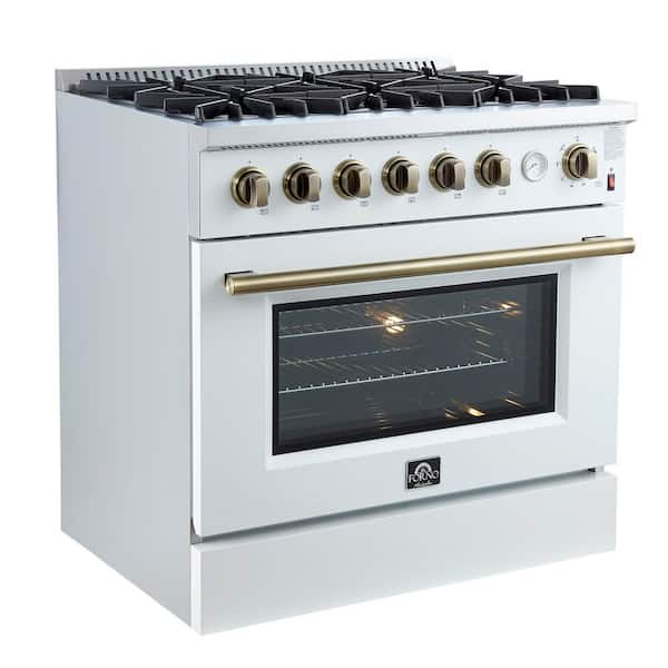 Marco 36-in. Gas Range White and Antique Brass, 6 Burners 67,000 BTU, 5.36 cu. ft. Convection Oven