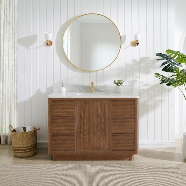 Cairo 48 in.W x 22 in.D x 33.9 in.H Single Bath Vanity in Oak Weathered Brown with Silk White Quartz Stone Top