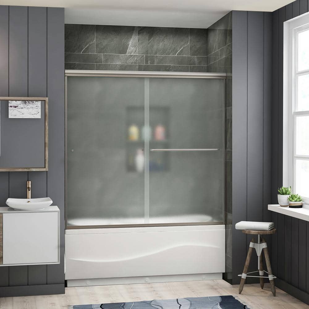 60 in. W x 57-3/8 in. H Sliding Semi Frameless Tub Door in Brushed Nickel Finish with Frosted Glass price history on PriceWatchPro