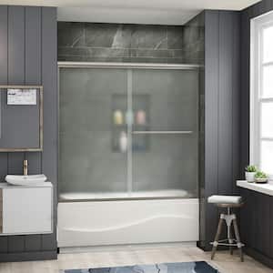 60 in. W x 57-3/8 in. H Sliding Semi Frameless Tub Door in Brushed Nickel Finish with Frosted Glass