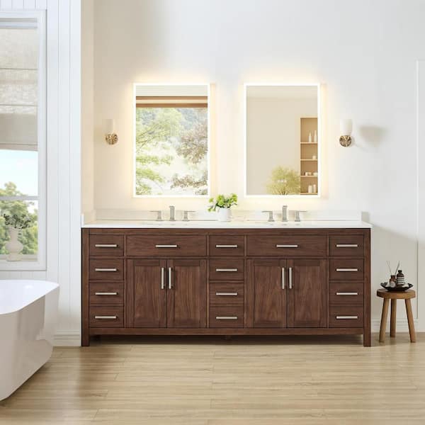 Beckett 84 in. Double Freestanding Dark Walnut Bath Vanity with White Quartz Top