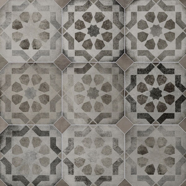 Merola Tile Laverton Octagon Deco Sombra with Grafito 8 in. x 8 in. Porcelain Floor and Wall Tile (11.25 sq. ft. /Case)