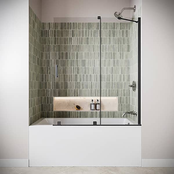 Samoggia 48'' x 58'' Semi-Frameless Sliding Bathtub Door,CrystalTech Treated 1/4'' Glass, Matte Black Hardware