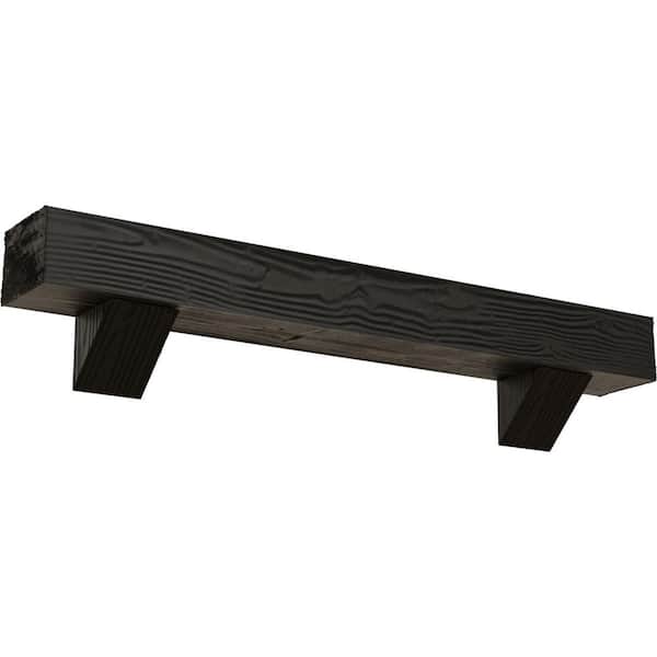 Ekena Millwork 4 in. x 4 in. x 4 ft. Sandblasted Faux Wood Fireplace Mantel Kit with Breckinridge Corbels, Burnished Cedar
