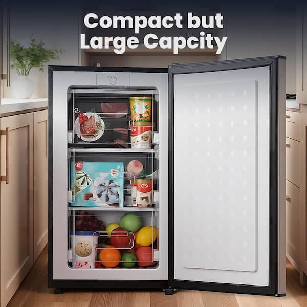 3.2 Cu. ft Upright Freezer Compact in Sliver Stainless with Removable Shelves for Bedroom, Office, Kitchen