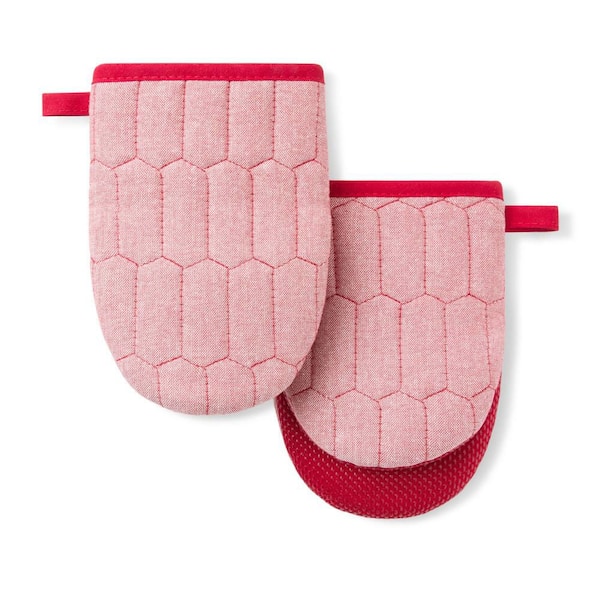 Honeycomb Quilted Chambray Red 5.5 in. x 8 in. Cotton Mini Oven Mitt Set 2-Piece