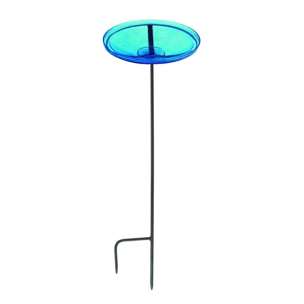 Teal Crackle Glass Birdbath with Roman Bronze Stand