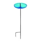 14 in. Dia Teal Blue Reflective Crackle Glass Birdbath Bowl with Stake
