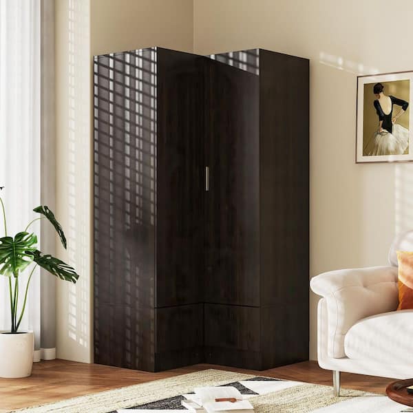 FUFU&GAGA Dark Brown Wooden 35.4 in. W x 19.8 in. D x 70.9 in. H Bedroom Corner Wardrobe, Armoire with 2 Drawers and 2 Hold Bar